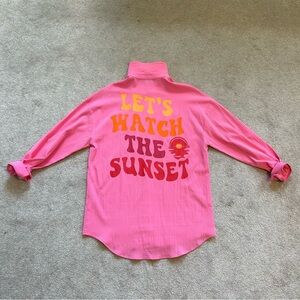 Hot Pink Oversized Button Down Shirt with Sunset Graphic